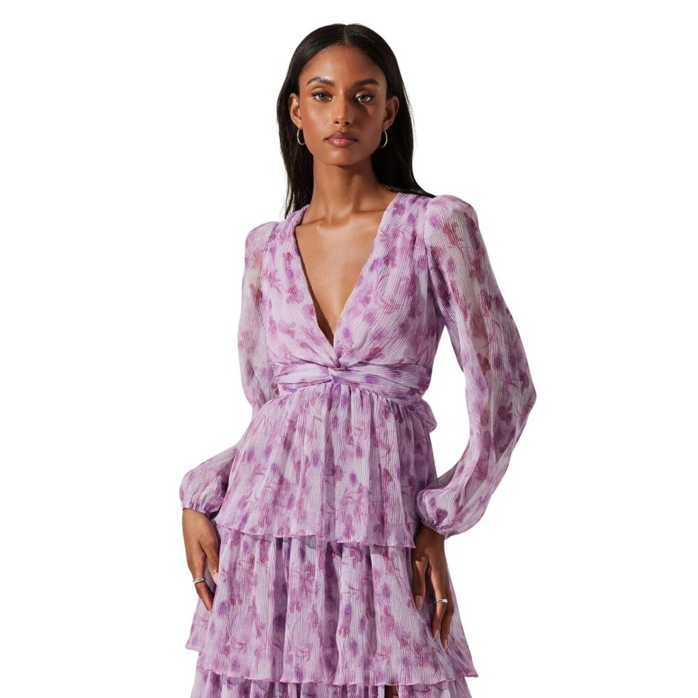 ASTR The Label Sibylla Maxi Dress Sz XS Purple Pink Chiffon Tiered Ruffle READ - Picture 7 of 8
